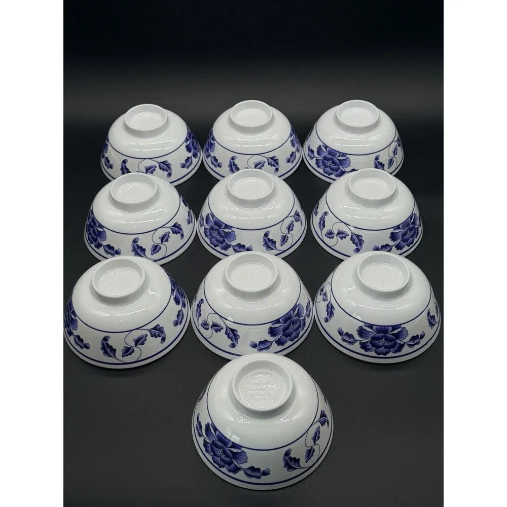 Set of 10 Tai-Hong Melamine Bowls Blue White Lotus Flower Chinese Stackable